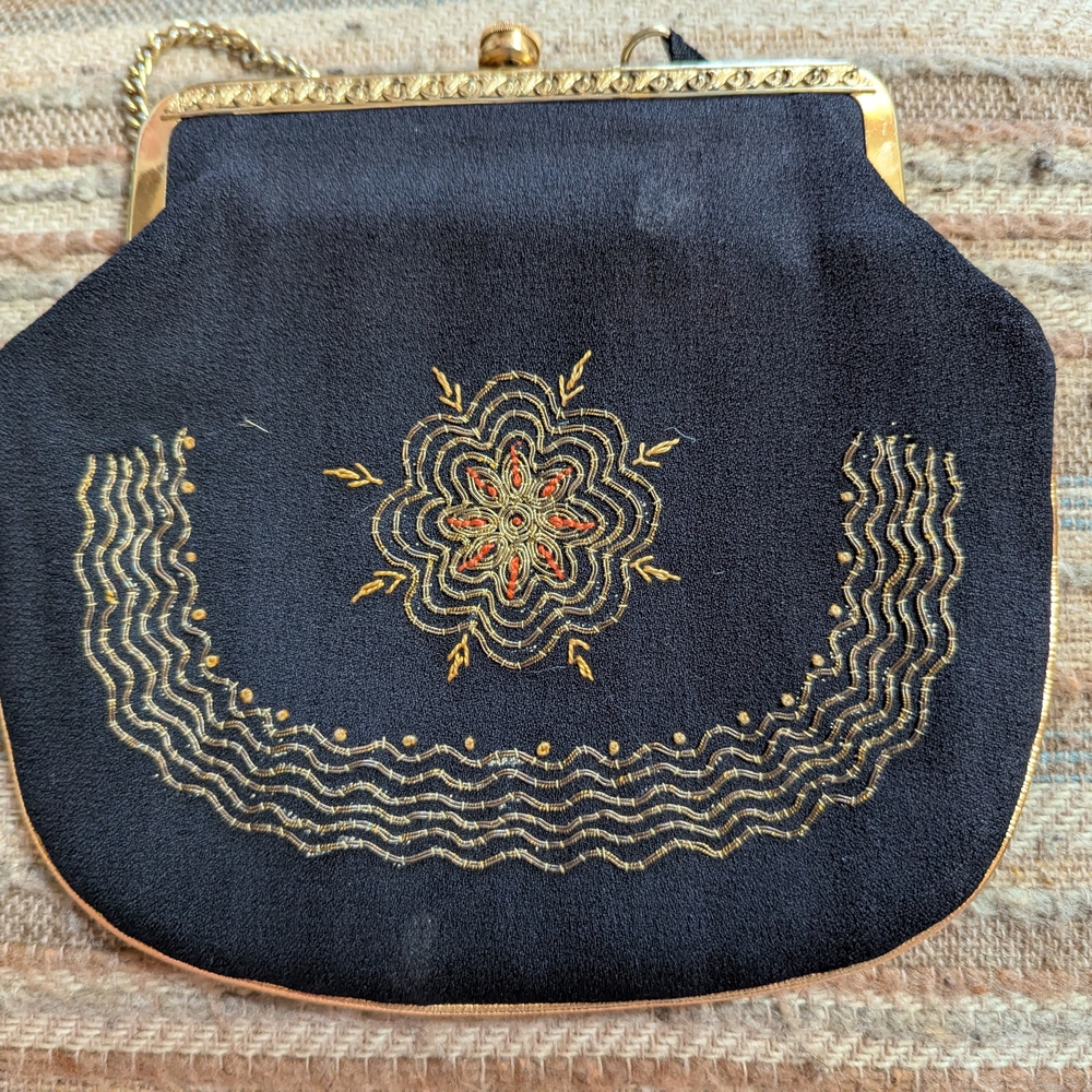 Vintage Black and Gold Clutch with Kiss-Lock Closure